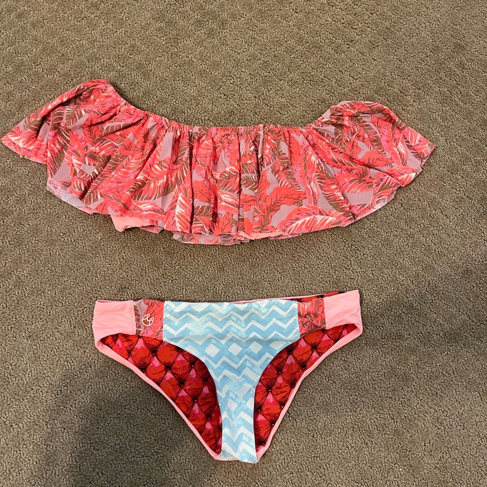 Pink and Blue Off-Shoulder Bikini Set